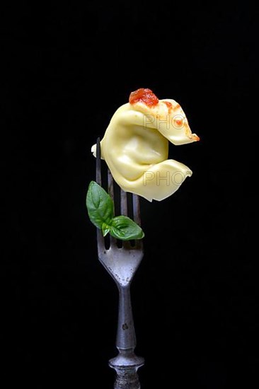 A tortelloni with tomato sauce on a fork, pasta