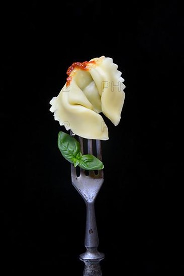 A tortelloni with tomato sauce on a fork, pasta