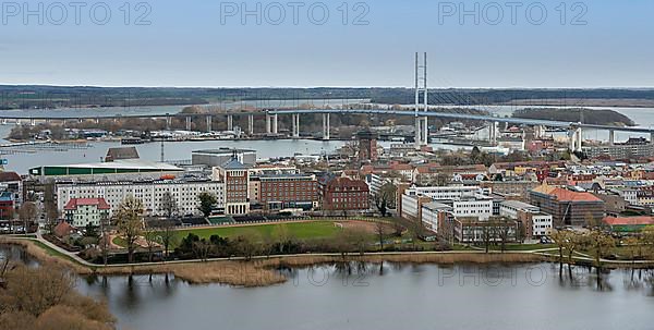 View from the Protestant Parish Church of St. Mary of the Old Town and the Ruegen Bridge of Stralsund, Mecklenburg-Western Pomerania