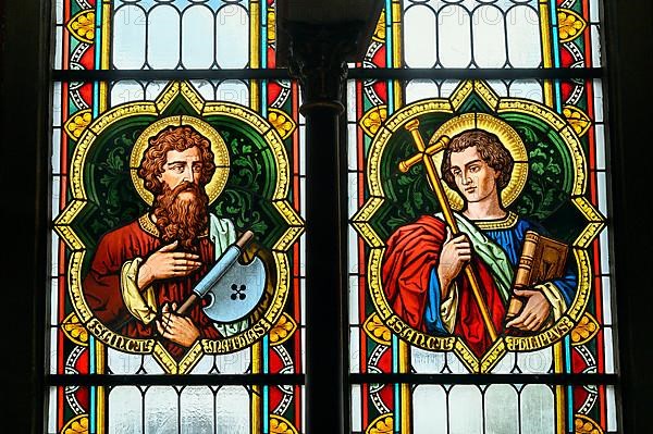 Colourful church window with St. Mathias and St. Philippus, Catholic Parish Church