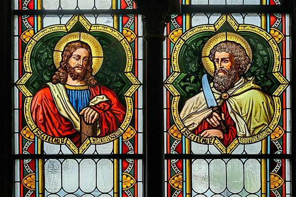 Colourful church window with St. James and St. Bartholomew, Catholic Parish Church