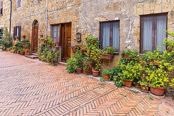 Old stone houses decorated with flower pots, diagonally laid brick pavement