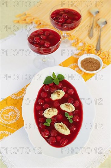 Swabian cuisine, sweet semolina dumplings with cherry compote