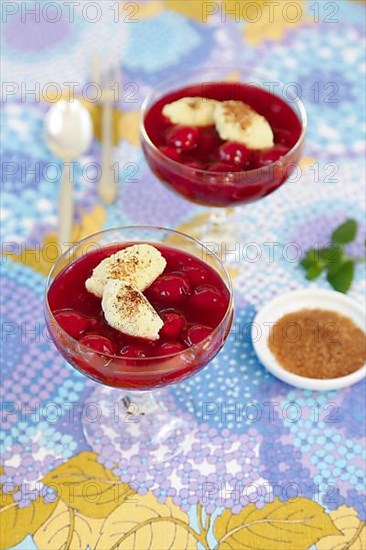 Swabian cuisine, sweet semolina dumplings with cherry compote