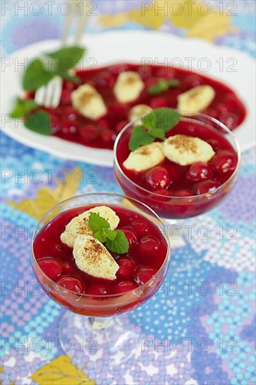 Swabian cuisine, sweet semolina dumplings with cherry compote