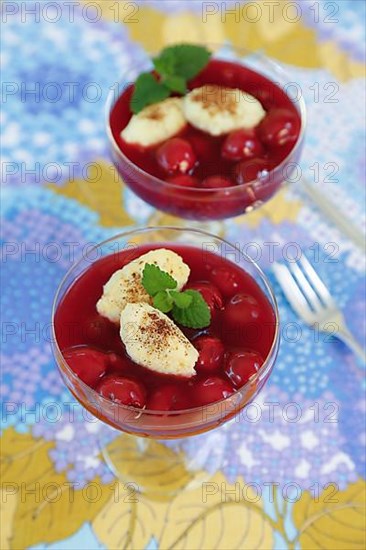 Swabian cuisine, sweet semolina dumplings with cherry compote