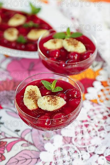 Swabian cuisine, sweet semolina dumplings with cherry compote