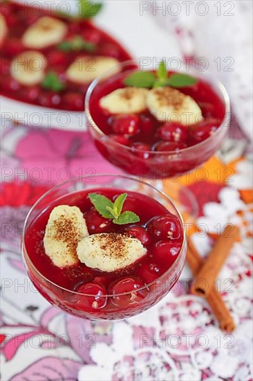 Swabian cuisine, sweet semolina dumplings with cherry compote