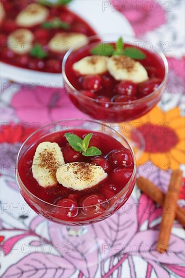 Swabian cuisine, sweet semolina dumplings with cherry compote