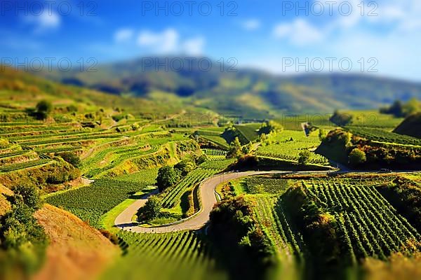 Vineyard in the Kaiserstuhl with a view of the Texas Pass. Special effect tilt-shift Vogtsburg, Kaiserstuhl