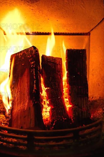 Cosy stove fire with burning logs,