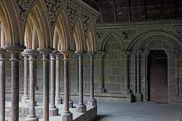 Mont Saint-Michel monastery hill, cloister of the monastery church