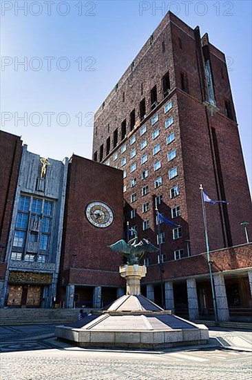 Monumental red brick city hall, north side