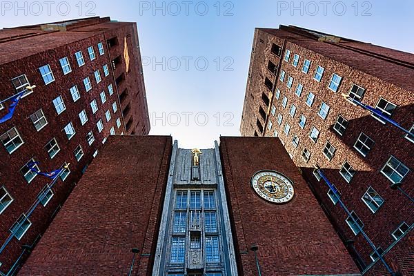 Monumental red brick city hall, north side facade