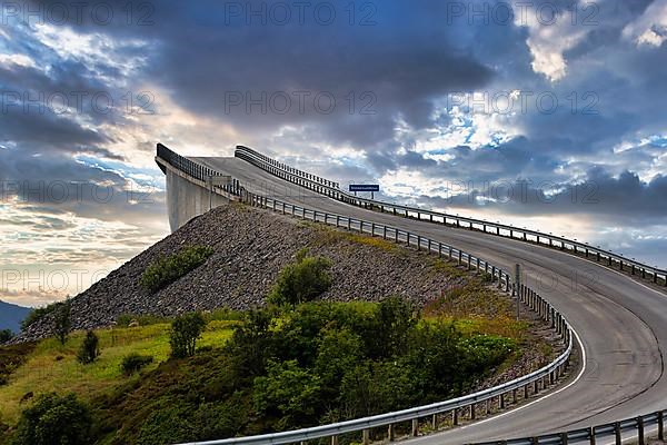 Atlantic road over winding bridge Storseisundbrua, Norwegian landscape route Atlanterhavsveien between Molde and Kristiansund