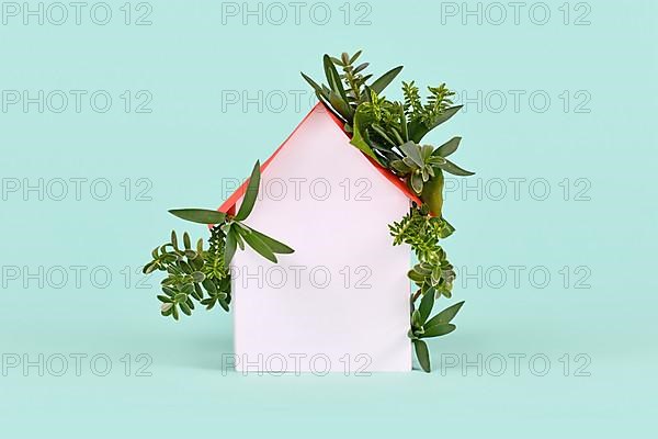 Concept for energy efficiency and carbon neutrality in buildings by using green construction designs and renewable energy showing house with leaves,