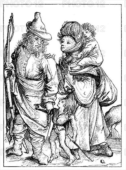 Farmer's wife with two children and he with a bow in the 15th century, facsimile of the copper engraving by the so-called Master of 1480