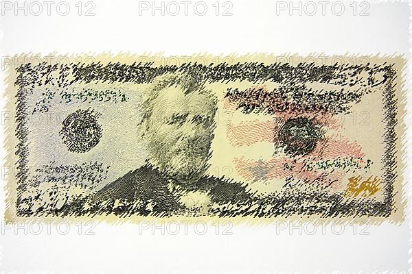 A fifty dollar note graphically altered or crimped,