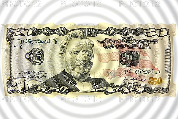 A fifty dollar note graphically altered or distorted as a wave,