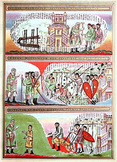 Illustrations of the Parable of the Vineyard, miniatures in the Gospel Book of the Echternach Monastery