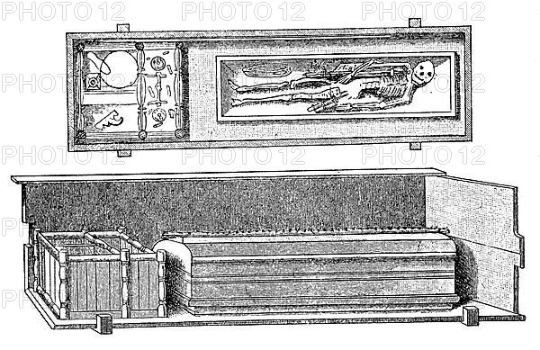 Old German burial style, coffin framed with oak planks and separate space at its feet for grave goods