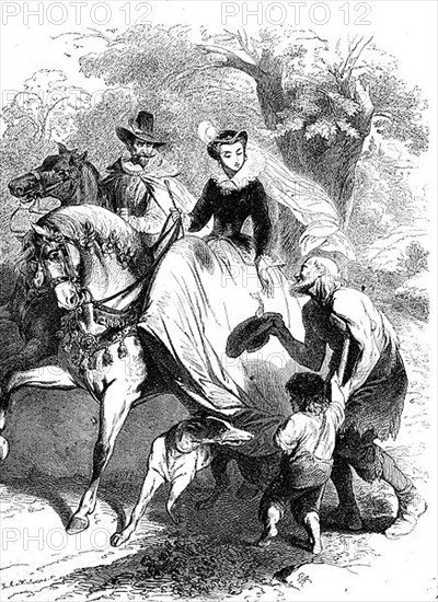 Elegant Couple on Horseback Giving a Beggar a Meek Gift, Germany