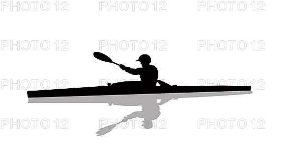 Silhouette of a kayaker on water, isolated objects over white background