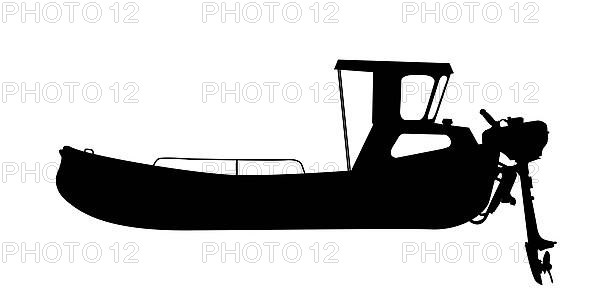 Small motor ship, boat silhouette over white background