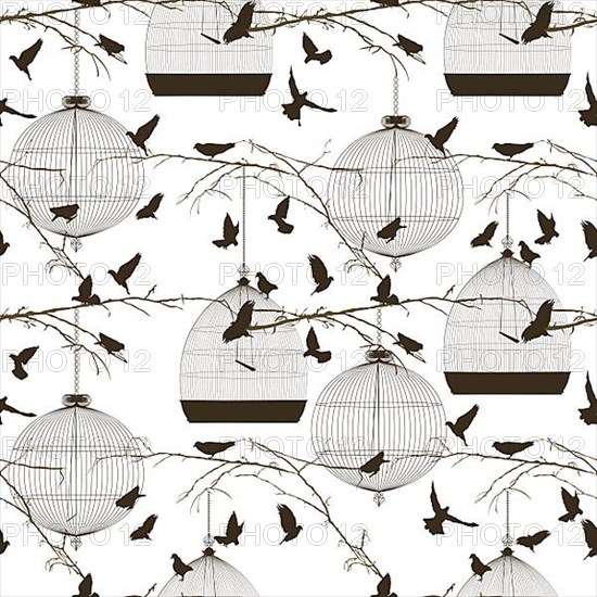 Vector seamless pattern with birds and cages,