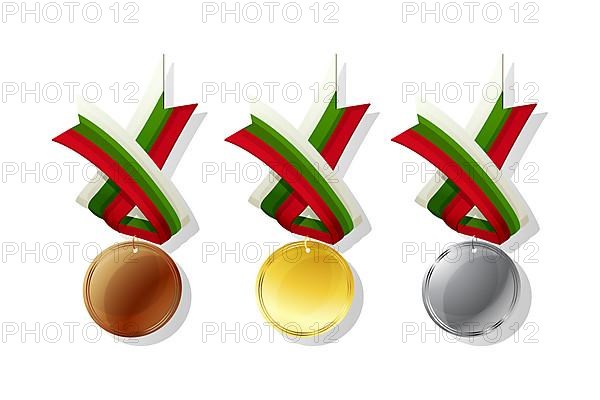 Bulgarian medals in gold, silver and bronze with national flag. Isolated vector objects over white background