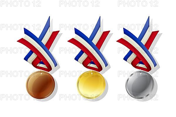 French medals in gold, silver and bronze with national flag. Isolated vector objects over white background