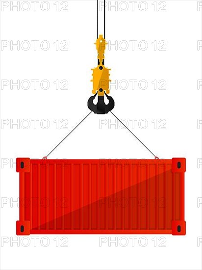 Red freight shipping container hanging on crane hook,