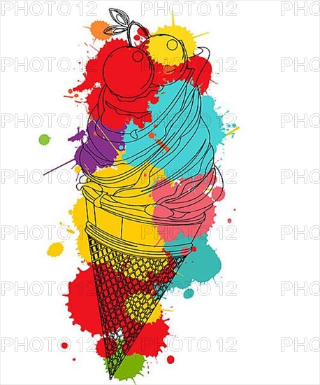 Cherry ice cream outlined over colored spot, vector icon