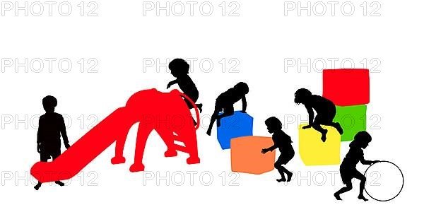 Indoor playground with children silhouettes, vector illustration