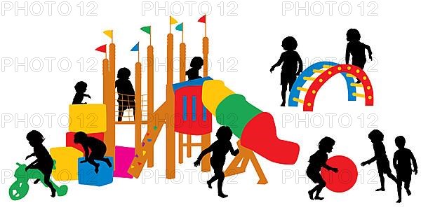 Children silhouettes at the playground, vector illustration