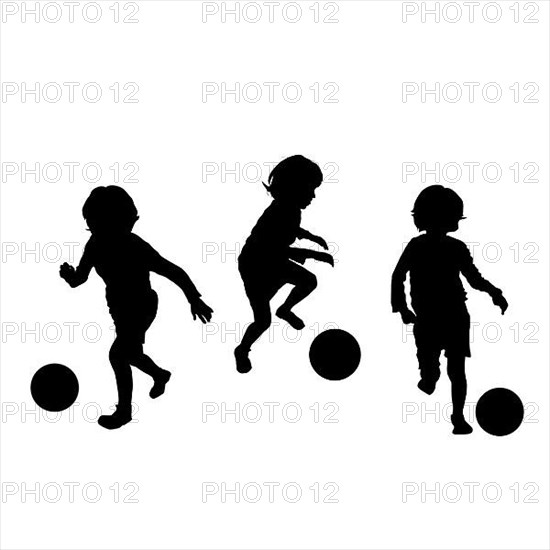 Vector silhouette of children playing soccer, isolated