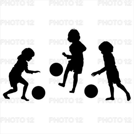 Vector silhouette of children playing soccer, isolated