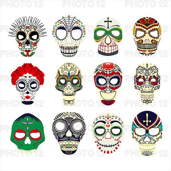 Day of the dead Mexican skull symbols collection, vector masks over white background