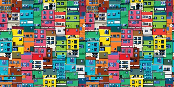 Urban background in colors, seamless vector pattern with Brazilian favela