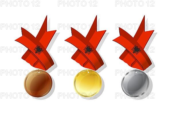 Albanian medals in gold, silver and bronze with national flag. Isolated vector objects over white background