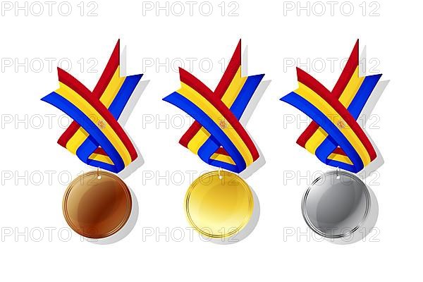 Andorrian medals in gold, silver and bronze with national flag. Isolated vector objects over white background