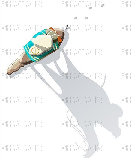 Arab man riding a camel over white background,
