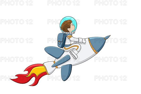 Astronaut boy on a rocket flying through white background,