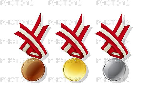 Austria medals in gold, silver and bronze with national flag. Isolated vector objects over white background