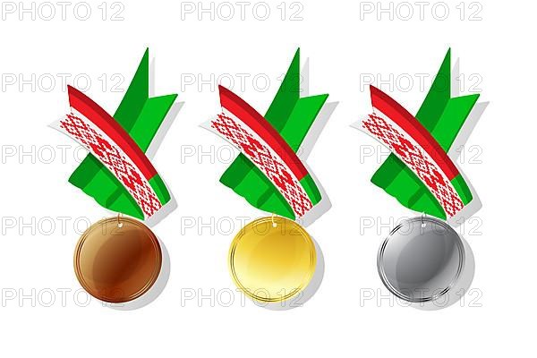 Belarusian medals in gold, silver and bronze with national flag. Isolated vector objects over white background