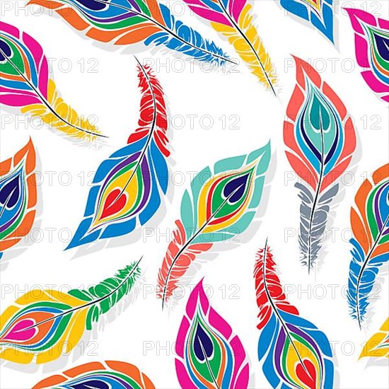 Peacock seamless vector pattern in colors over white background,