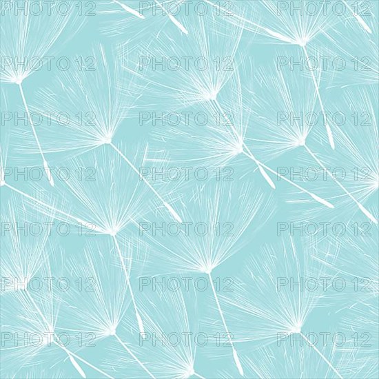 Dandelions floating over blue, vector seamless pattern