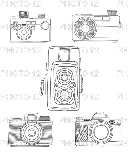 Doodle analog cameras over whitebakcogruns, hand drawn vector