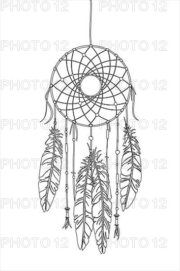 Dreamcatcher vector drawing outlined over white background,