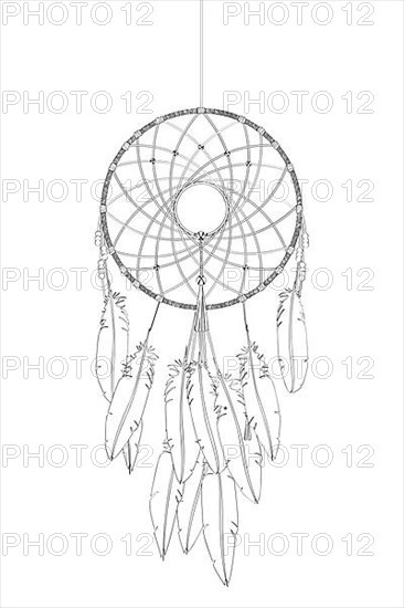 Dreamcatcher vector drawing outlined over white background,